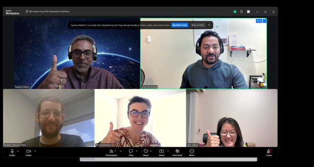 Video call grid at the end of the defense showing the candidate and four committee members, several giving a thumbs up.